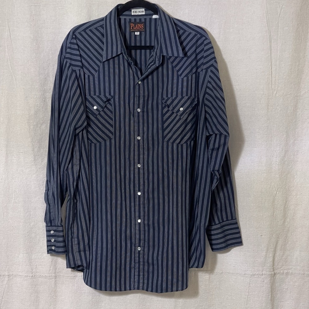Ely Plains Western Shirt men's 2X‎ Striped Pearl Snap Blue Cowboy Long Sleeve